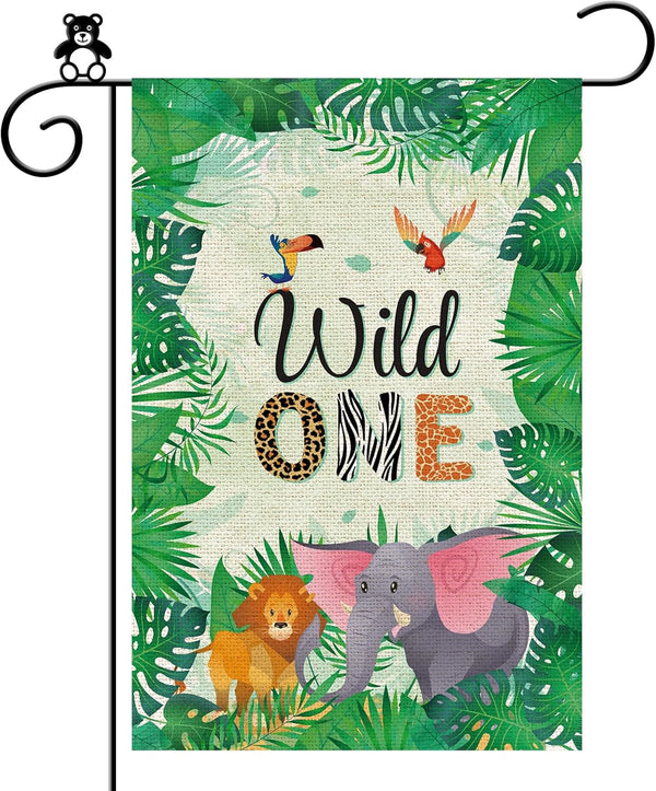 Wild One Garden Flag 12 x 18 Inch Double Sided, Happy 1st Birthday Zoo Theme Outdoor Banner for Party Decor