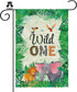 Wild One Garden Flag 12 x 18 Inch Double Sided, Happy 1st Birthday Zoo Theme Outdoor Banner for Party Decor