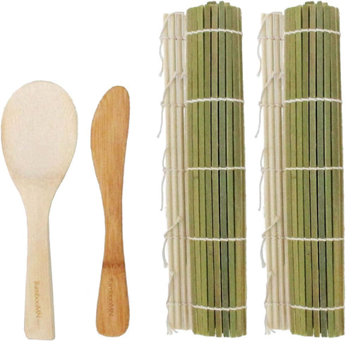 BambooMN Sushi Making Kit, 2x Green Bamboo Rolling Mats, 1x Rice Paddle, 1x Spreader, 100% Bamboo Mats and Utensils