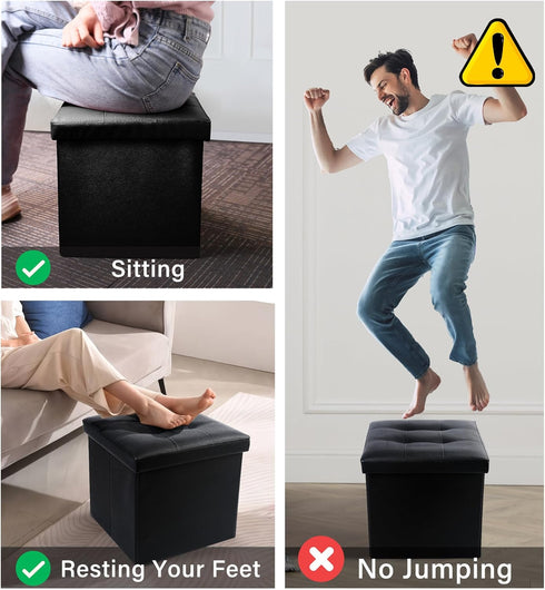 LotFancy Foldable Storage Ottoman, Small Leather Bench with Storage, 13x12x12 Inches, Holds up to 260 lb, Black