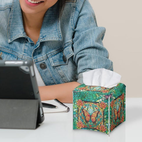 Waterproof Square Butterfly Rose Print Tissue Case Cover, Foldable Kleenex Box for Home Office, Green
