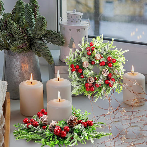 6 Lyrow Pcs Christmas Candle Rings Wreath Xmas Kitchen Cabinet Mini Wreath Artificial Berries Snowy Pine Candle Ring