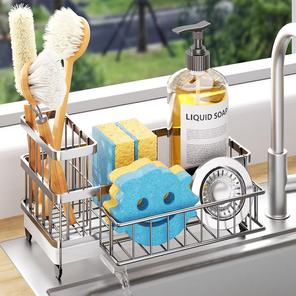 Consumest Sponge Holder for Kitchen Sink - Auto Draining Sink Caddy Organizer