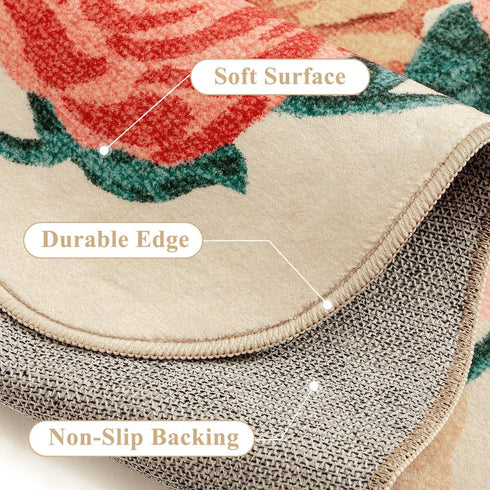 PureCozy 5x7 Washable Floral Area Rug Beige Living Room Carpet Scalloped Flower Non Slip Soft Bedroom Rug Farmhouse Low