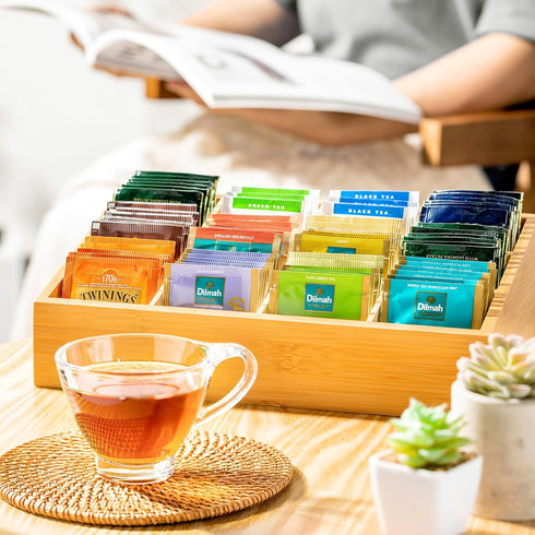 Tea Bag Organizer - Bamboo Storage with 12 Compartments for Tea Bags, Natural Bamboo for Kitchen Cabinet