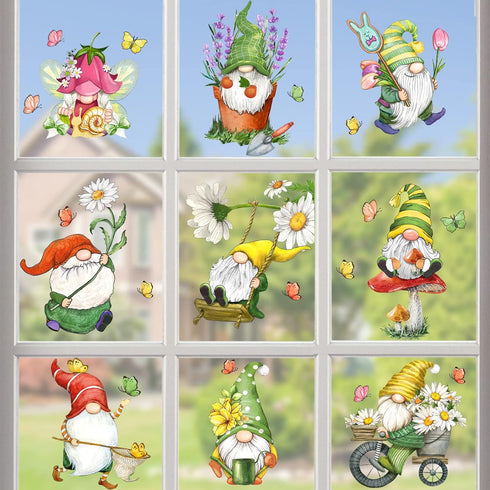 Mfault 9 Sheets Spring Gnomes Flowers Window Clings, Floral Glass Stickers Decals for Home Kitchen Decor