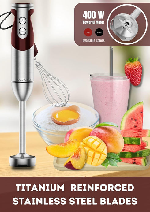 MegaWise Pro Titanium Reinforced 3-in-1 Immersion Corded Hand Blender, 12-Speed with Whisk and Milk Frother (3-in-1 Red)