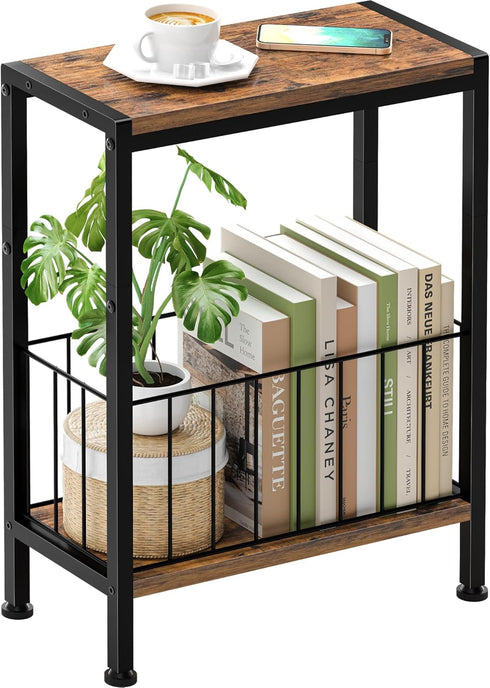 Narrow Side Table, Skinny End Tables with Magazine Holder, Small Sofa Table