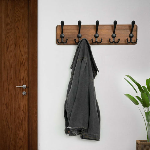 WEBI Rustic Coat Rack Wall Mount, Solid Wood Coat Hooks, 16" Hole to Hole, 5 Triple Hooks for Hanging Coats