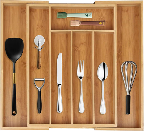 Bamboo Drawer Organizer, Expandable Cutlery Tray, Adjustable Utensils Holder for Storing Silverware in Kitchen, Bedroom
