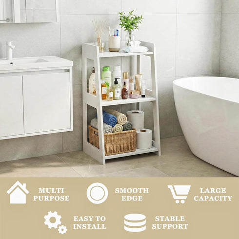 3-Tier (11.8" 15.7" 27.6" Bathroom Ladder Shelf Freestanding, White Floor Shelves Open Shelving Unit, Small Bookshelf
