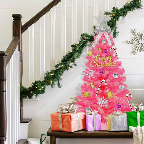 3 3D Star&44Ornaments, 8 50 Ft Pink Christmas Tree with Dual Color Change Lights Timer Remote, Modes Warm&Colorful