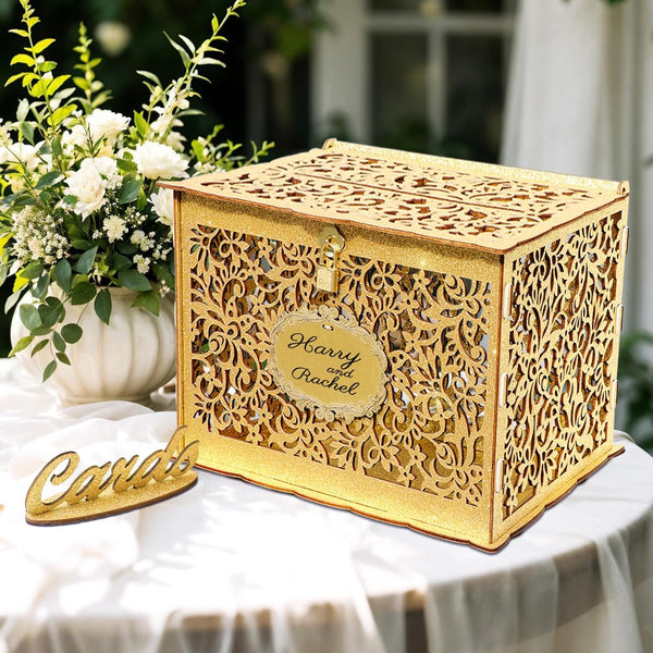 OurWarm Glittery Gold Wedding Card Box with Lock, Wood Gift Box for Reception, Party Decorations