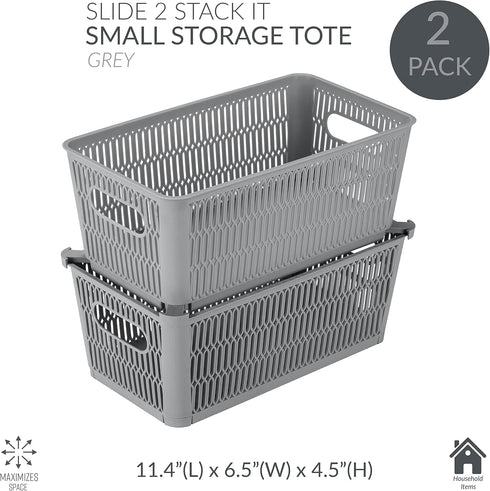 Simplify 4Pk Small Slide 2 Stack It Tote Basket | Storage & Organization | Open Bins with Stackable Capability | Bathroom | Crafts | Pantry | Playroom | Office | Grey by Simplify