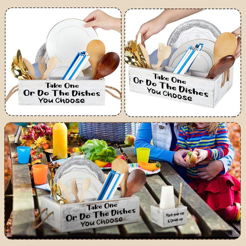 Cutlery Kitchen Utensil Holder Kit - Wooden Organizer for Plate, Cup, Fork, Knives, Spoon, Straws, Napkins