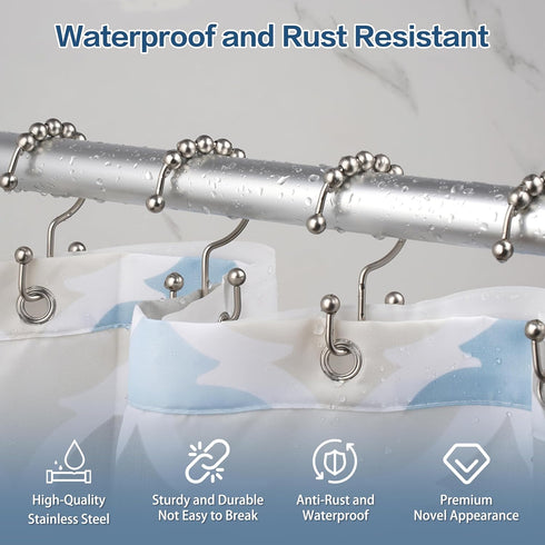 DAWNER Shower Curtain Hooks, Set of 12, Rust Proof Metal Easy Glide Double Rings, Brushed Nickel