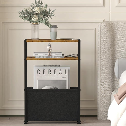 Leomonio Narrow Side Table, Slim End Tables with Fabric Basket, Skinny Table for Small Spaces, Thin Bedside Table