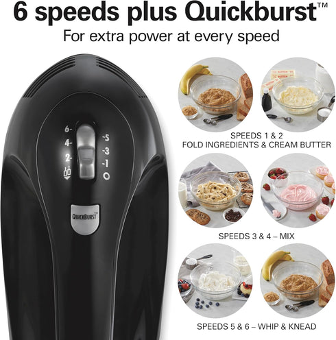 Hamilton Beach 6-Speed Electric Hand Mixer, 275 Watts with Whisk, Dough Hooks, Easy Clean Beaters, Black