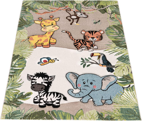 Size:2'8" 4'11" Paco Home Nursery Rug for Kids - Jungle Animals Giraffe Lion Monkey in Beige, x
