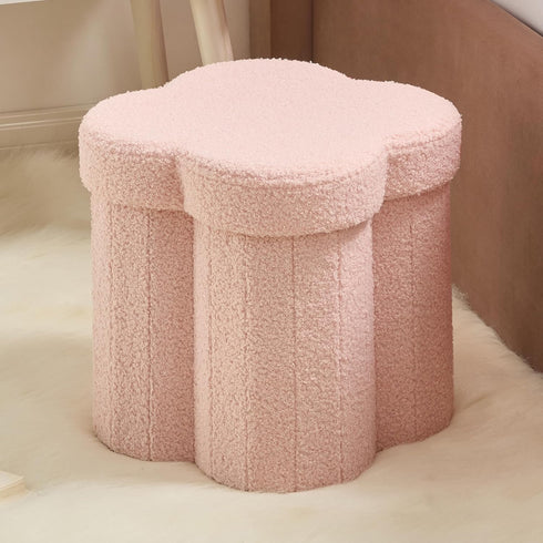 Ornavo Home Pink Boucle Storage Ottoman Cube Flower-Shaped Footstool with Hidden Storage,