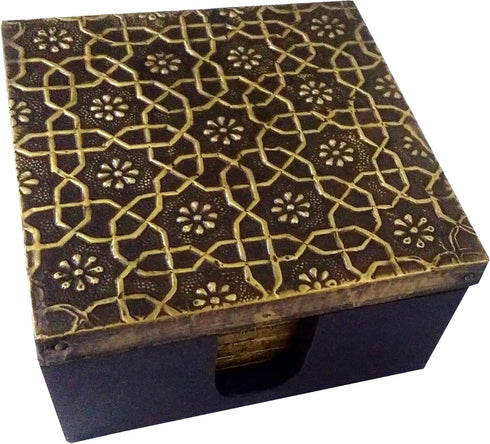 Purpledip Wooden Coasters Set of 5, Brass Sheet Covered Mango-Wood Barware