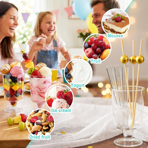 220 4 oz Pcs Mini Dessert Cups with Spoons and Bamboo Skewers, Round Clear Plastic Parfait Shooter Cups for Parties
