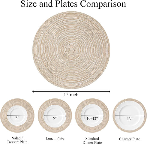 SHACOS 15 Inch Round Braided Placemats, Set of 6, Non-Slip Heat Resistant, Beige