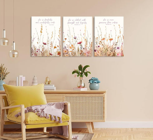 3Pcs MALEDO Christian Nursery Canvas Wall Art Bible Verse Floral Pictures Wall Decor Boho Wildflower Nursery Posters