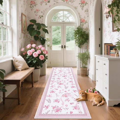 2x6 GarveeHome Runners for Hallways Non Slip, Kitchen Runner Rug Pink and White Bow Rugs for Bedroom Girls, Low Pile