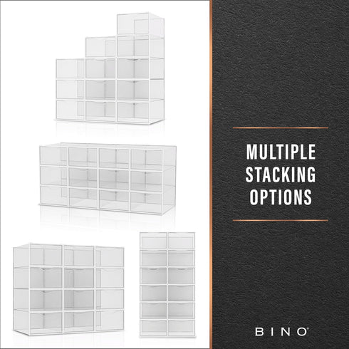 BINO 12-Pack Plastic Stackable Shoe Box Set, Clear Foldable Shoe Storage Container with Front Open