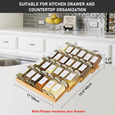 24 Jars,216 Labels,25 4 Drawers,Cabinets,Countertop,11" 15.8" Spice Drawer Organizer with Spice Non-slip Rubber, Bamboo