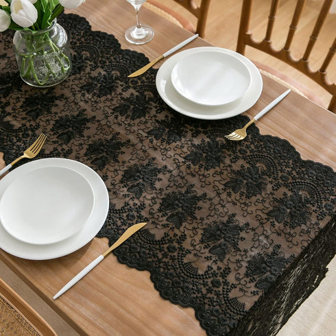 Insparkle Living 16"x48", Black Lace Table Runner Floral Embroidered Black Runner for End Table Coffee Table Buffet