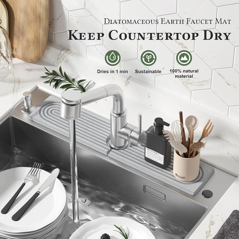 Quick Dry Sink Splash Guard, 15.75"Instant Dry Stone Sink Tray around Faucet, Faucet Mat for Kitchen Sink, Diatomaceous Earth Sink Faucet Mat for Kitchen Countertop Bathroom, Gray