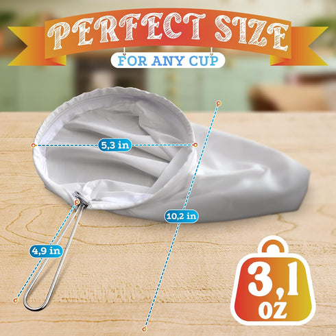 5.3" Large Thai Tea Strainer - Ultra Fine Mesh Cloth Strainer with Stainless Steel Handle, Reusable Coffee & Tea Filter