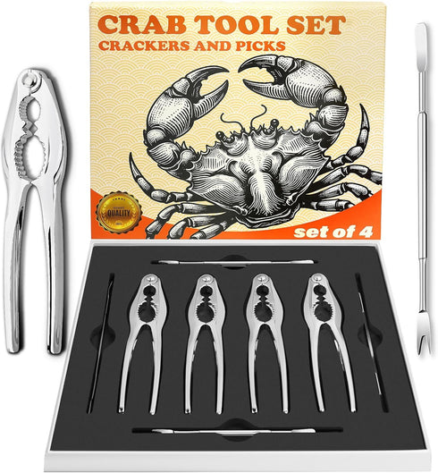 Crab Crackers and Tools, Set of 4 Stainless Steel Lobster Picks, Crab