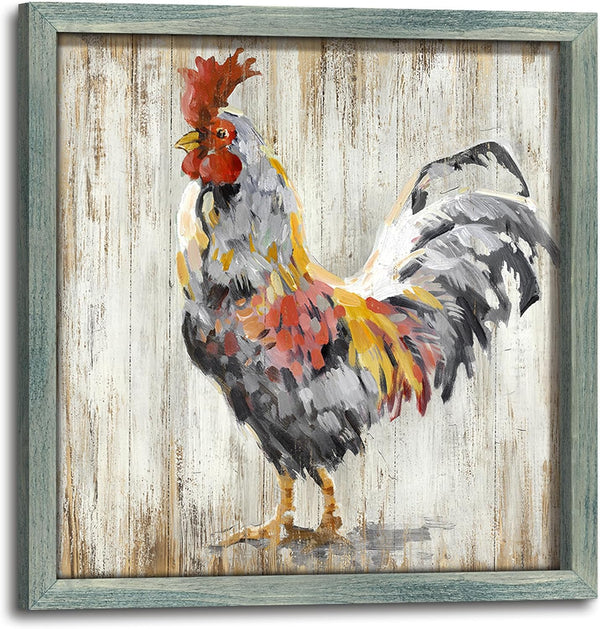 Rustic Rooster Framed Print Picture, Farmhouse Animal Wood Wall Art, Vintage Country Kitchen Decor, 12 x 12 Inches