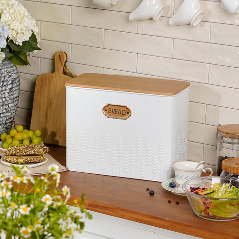 HOME PALETTE Countertop 2 Extra Large Bread Box for Kitchen Corner Breadbox for Homemade Bread Metal White Ear of Wheat