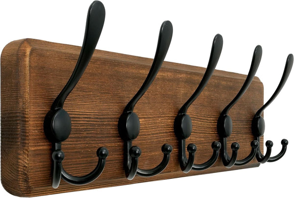 WEBI Rustic Coat Rack Wall Mount, Solid Wood Coat Hooks, 16" Hole to Hole, 5 Triple Hooks for Hanging Coats