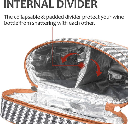 Tirrinia 2 Bottle Wine Gift Tote Carrier, Leakproof & Insulated Padded Wine Cooler Bag for Travel, Black Stripe