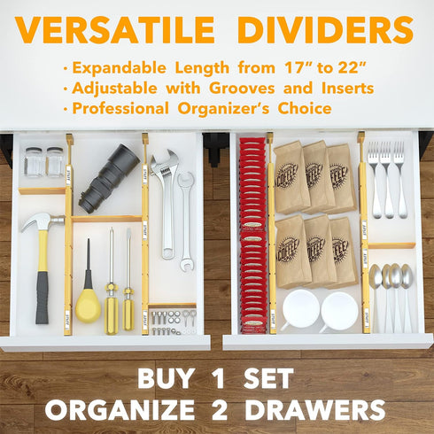 SpaceAid Bamboo Drawer Dividers with Inserts and Labels, Adjustable Kitchen Drawer Organizers, 4 Dividers (17-22 in)