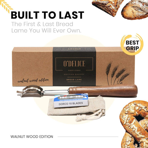 Handcrafted Bread Lame Made of Rich Dark Walnut Wood with Natural Cork Storage Case and 10 Blades