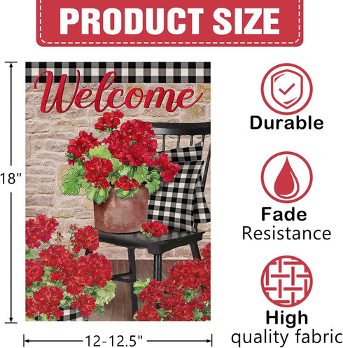 Welcome Spring Geranium Red Flower Decorative Garden Flag, 12x18, Black White Buffalo Plaid for Outdoor Decor