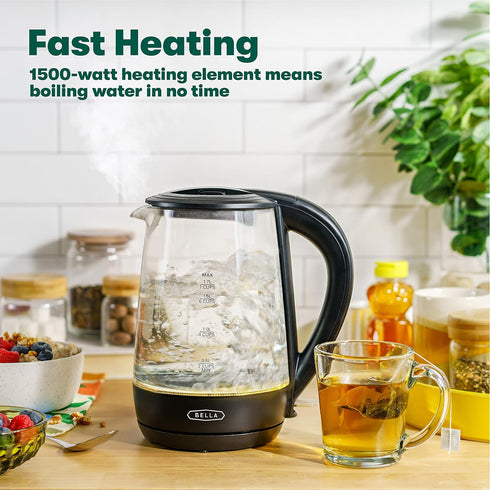 BELLA 1.7 Liter Glass Electric Kettle, Quickly Boil 7 Cups of Water, Auto Shut-Off, Black