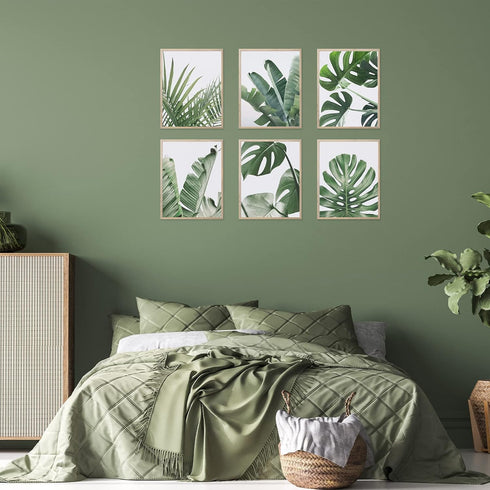 Botanical Wall Art Prints Set of 6, Tropical Leaves Decor Canvas Prints for Wall Decor, Green Wall Art Posters Set for