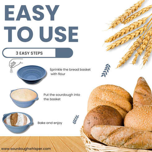 Set of 2 Blue Benaton Silicone Sourdough Bread Proofing Baskets, 9.5 Inch Oval & Round, Dishwasher Safe