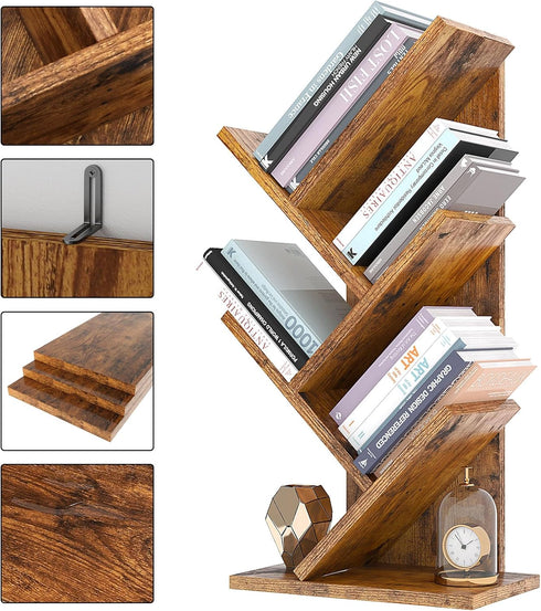 4-Tier HBC014H YMYNY Tree Bookshelf, Book Storage Organizer Shelves,Rustic Brown