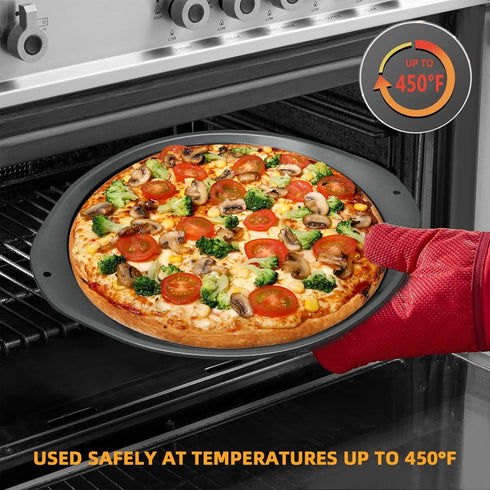 Pizza Pan, 14 Inch Nonstick for Oven with Widen Handles for Cooking, Baking, Grilling, Black