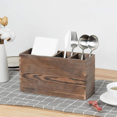 WuGeShop 4 Compartment Wooden Utensil Holder, Kitchen Countertop Organizer for Cooking Tools Storage