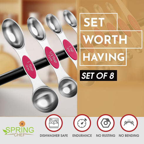 Spring Chef Pink Stainless Steel Magnetic Measuring Spoons Set of 8 with Leveler, Dual Sided Teaspoon & Tablespoon Measuring Set for Dry and Liquid Ingredients, Kitchen Gadgets for Baking & Cooking by Spring Chef