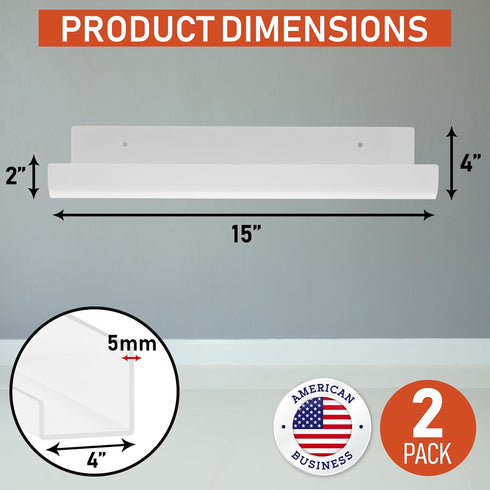 2-Pack 15-Inch 5 mm Clear Acrylic Floating Wall Shelves, Wall Bookshelf for Kids, Acrylic Rack for Kitchen, Shower